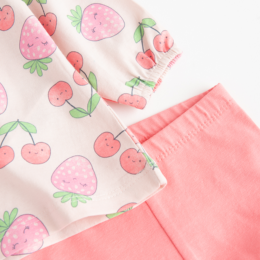 Σετ μπλούζα μακρυμάνικη ροζ με στάμπα φρούτα και κολάν ροζ