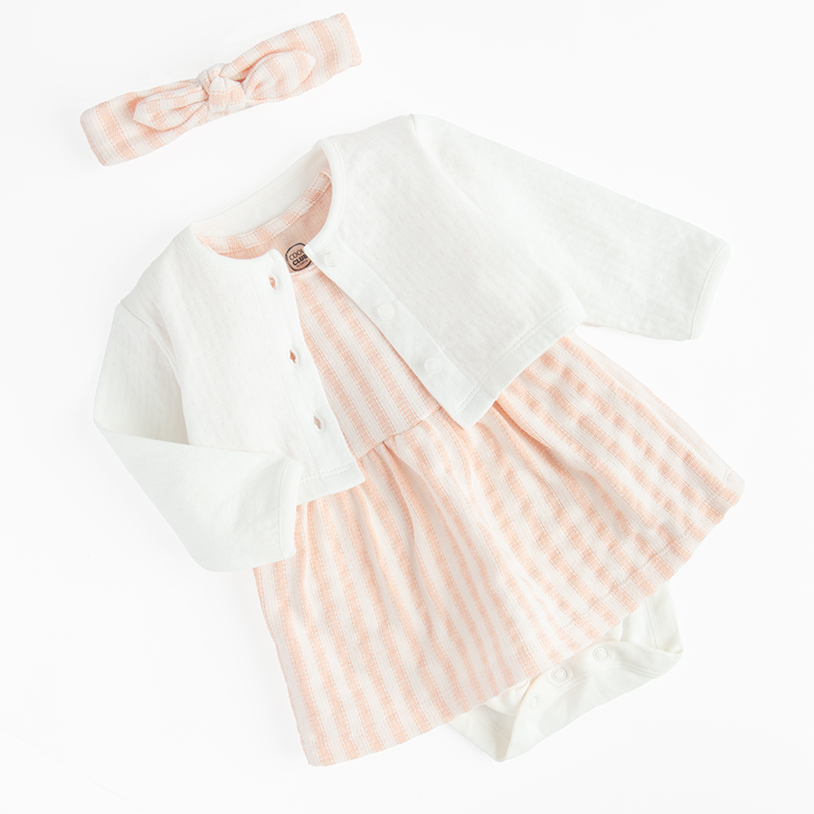 Pink and white striped dress bodysuit with matching headband and button down ecru cardigan - 3 pieces