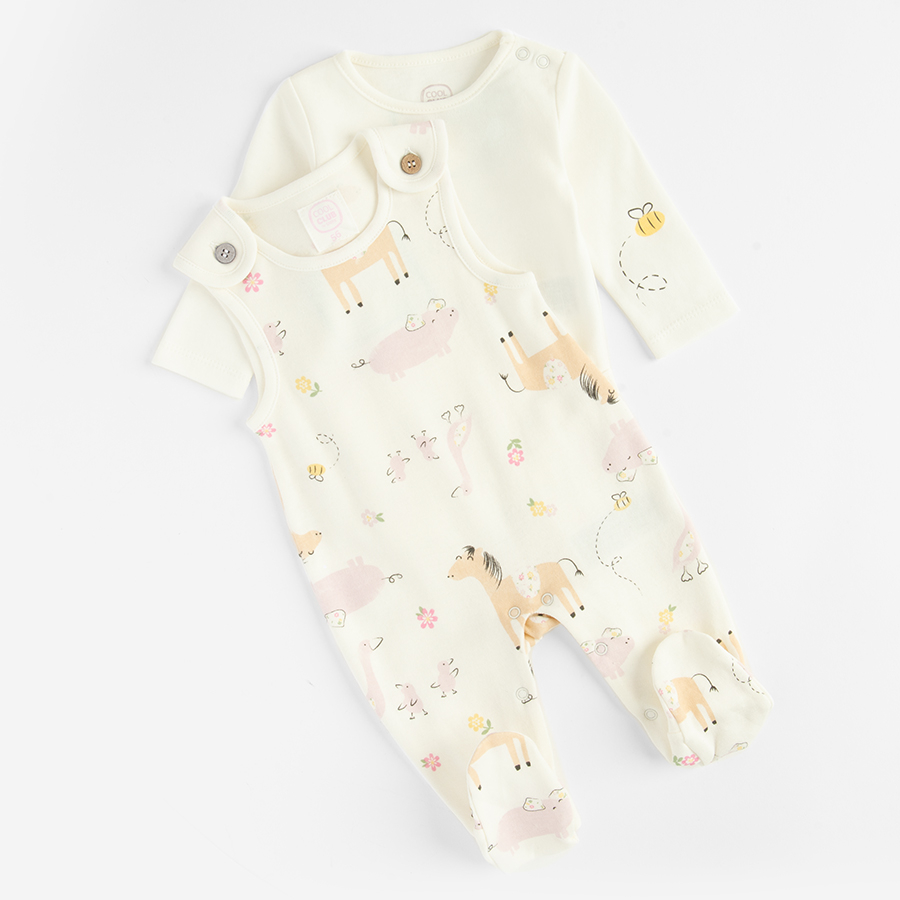 White footed overall with animals print and white long sleeve bodysuit- 2 pieces
