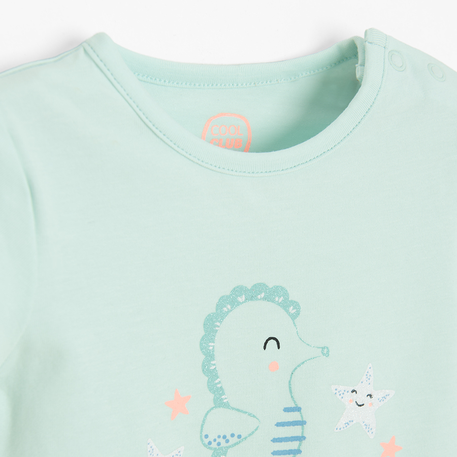 Light pink and light turquoise short sleeve bodysuit with sea horses print- 2 pack