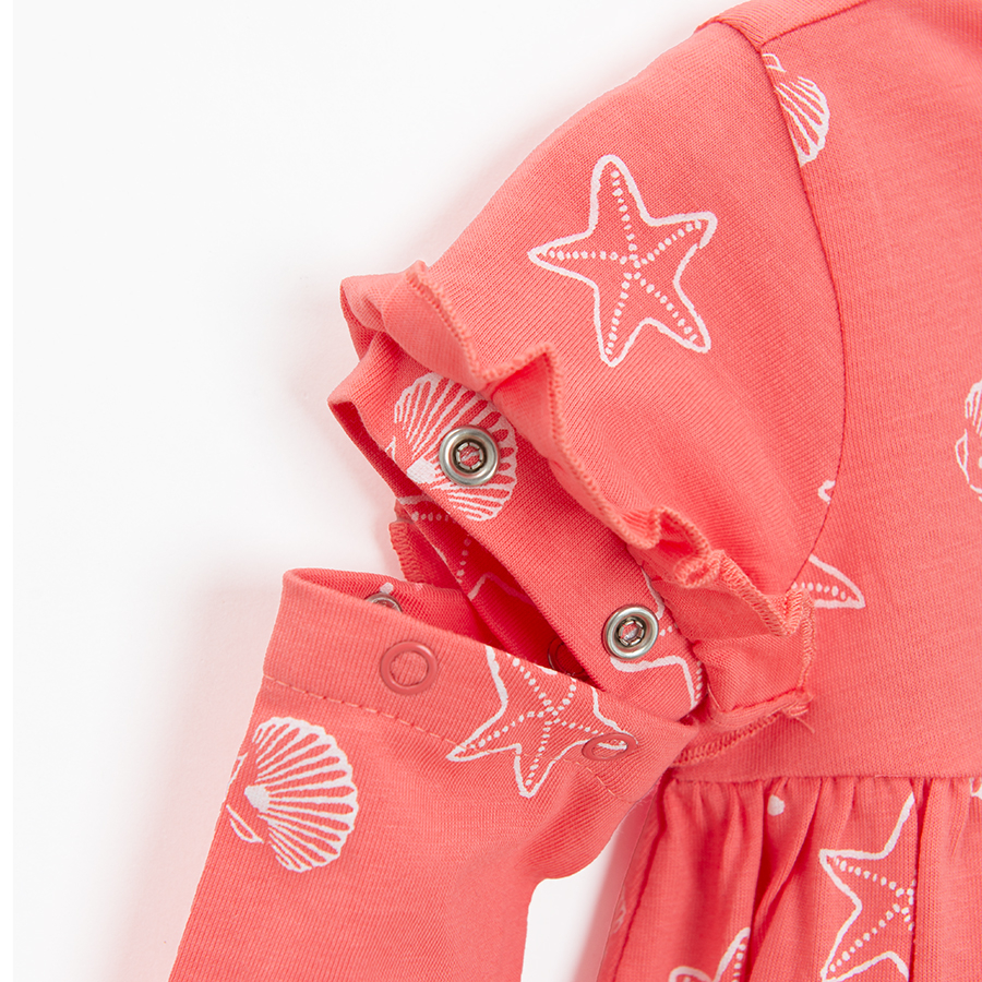 Coral long/ short sleeve dress with daisies print- detachable sleeve
