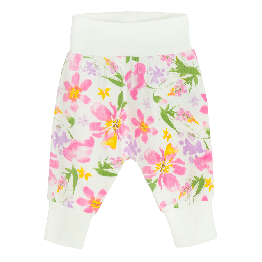 White and pink footless leggings with flowers print- 2 pack
