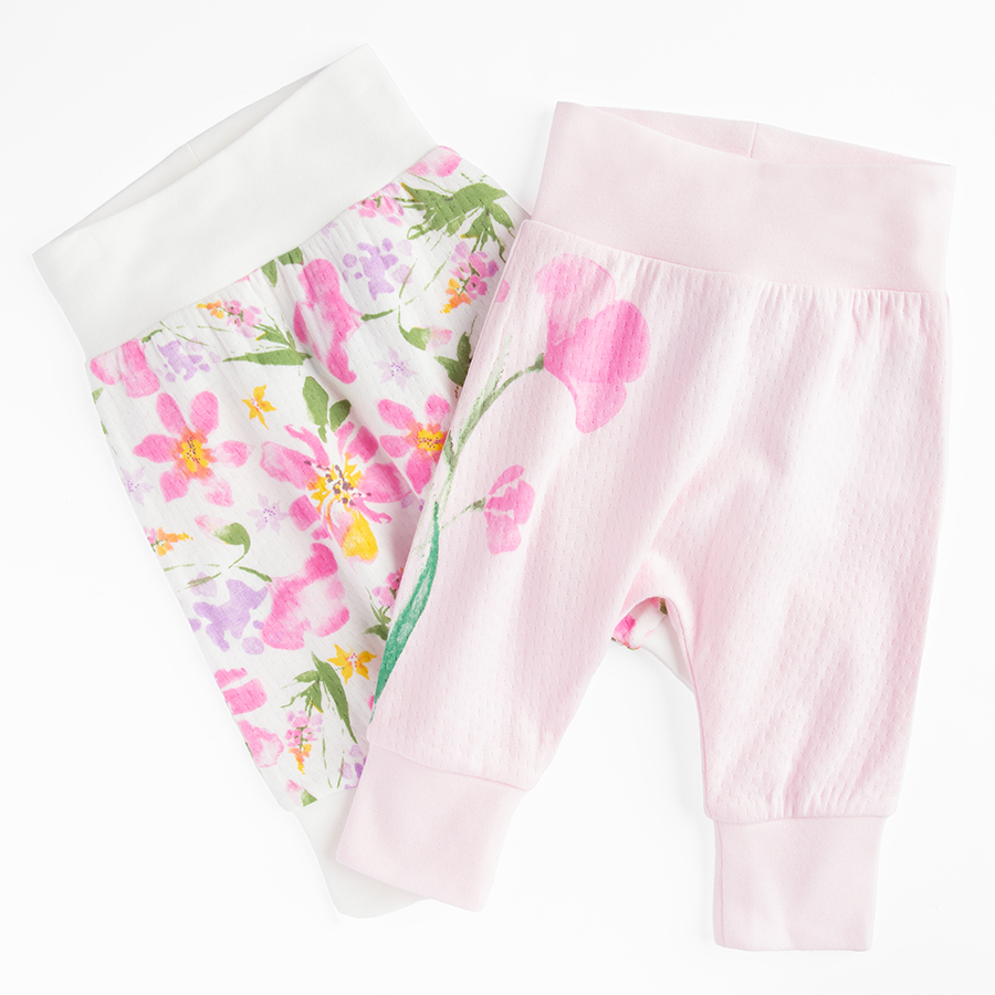 White and pink footless leggings with flowers print- 2 pack