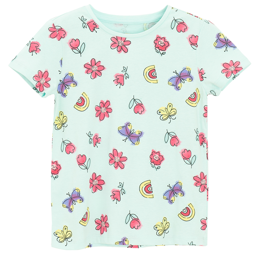 Mint short sleeve T-shirt with flowers, rainbows and butterflies print