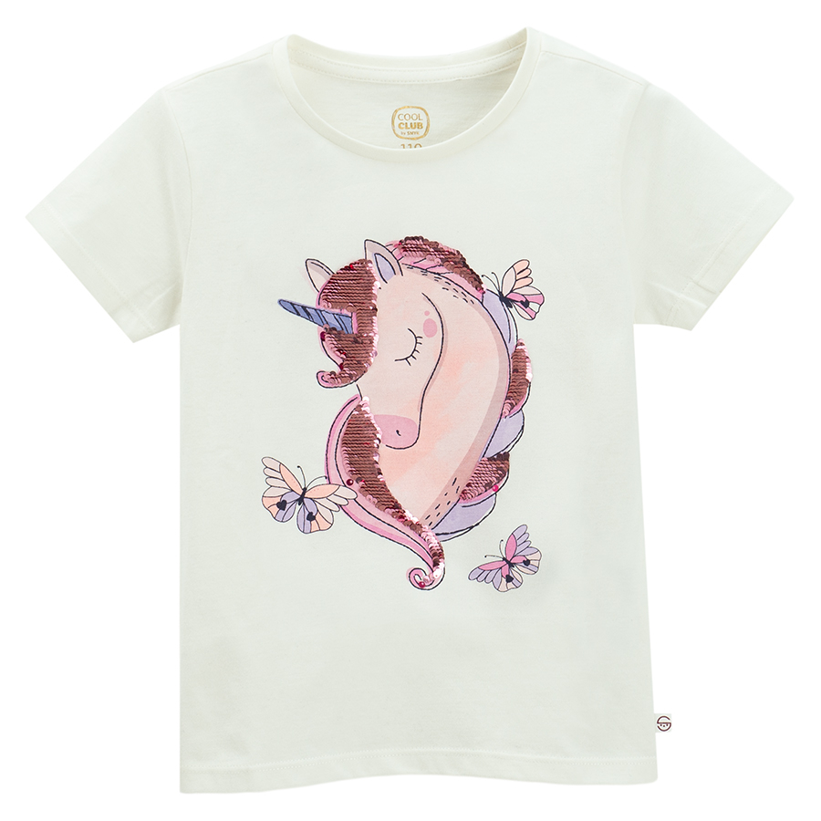 White short sleeve T-shirt , unicorn print with sequins