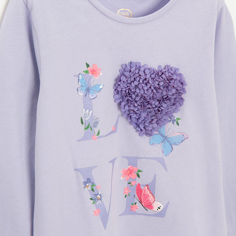 Purple long sleeve blouse with LOVE print decorated with flowers and butterflies