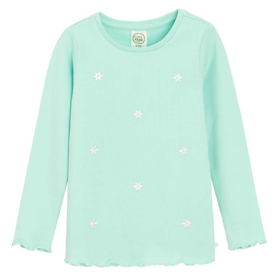 Mint long sleeve blouse with flowers embroidered