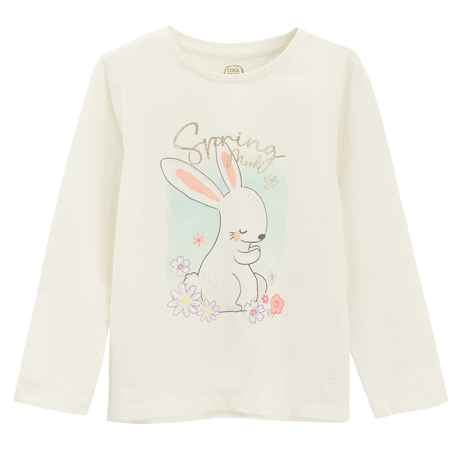 White long sleeve blouse with bunny and SPRING print