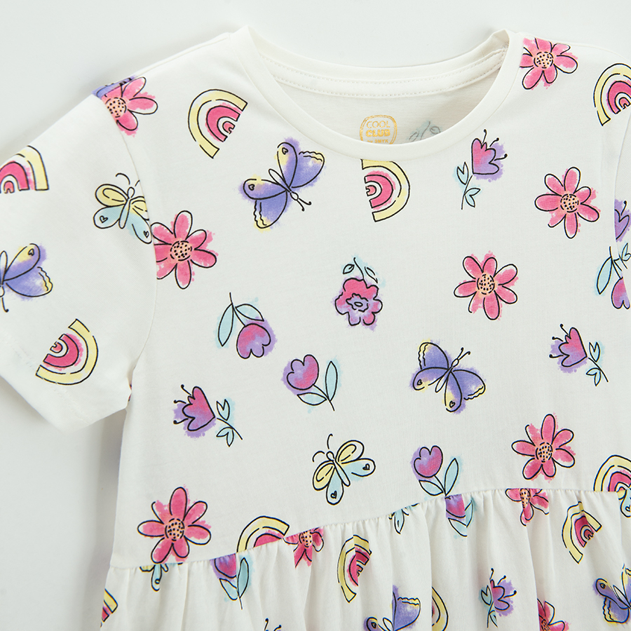 White short sleeve dress with butterflies and rainbows print