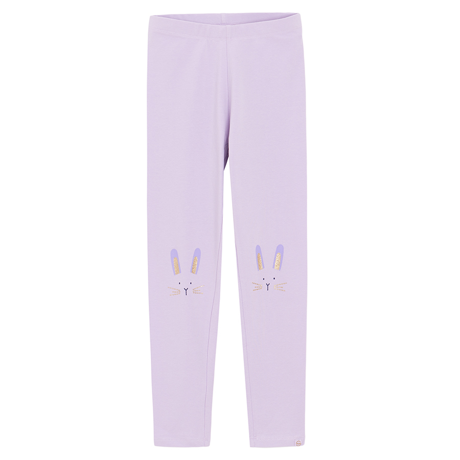 Purple leggings with kitten face print on knees