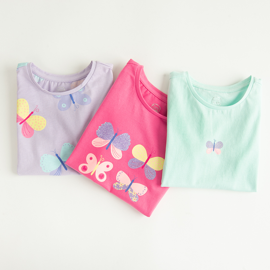 Mint, pink and purple T-shirts with butterflies print- 3 pack