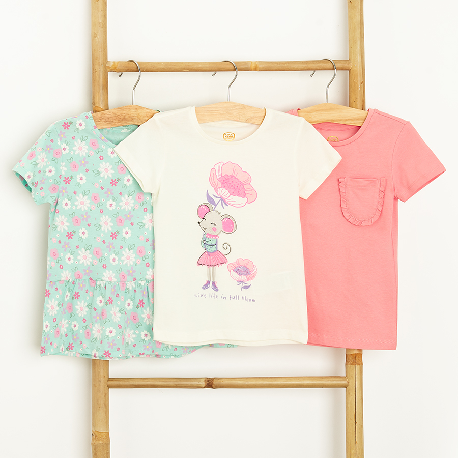 White with mouse print, floral and pink T-shirts- 3 pack
