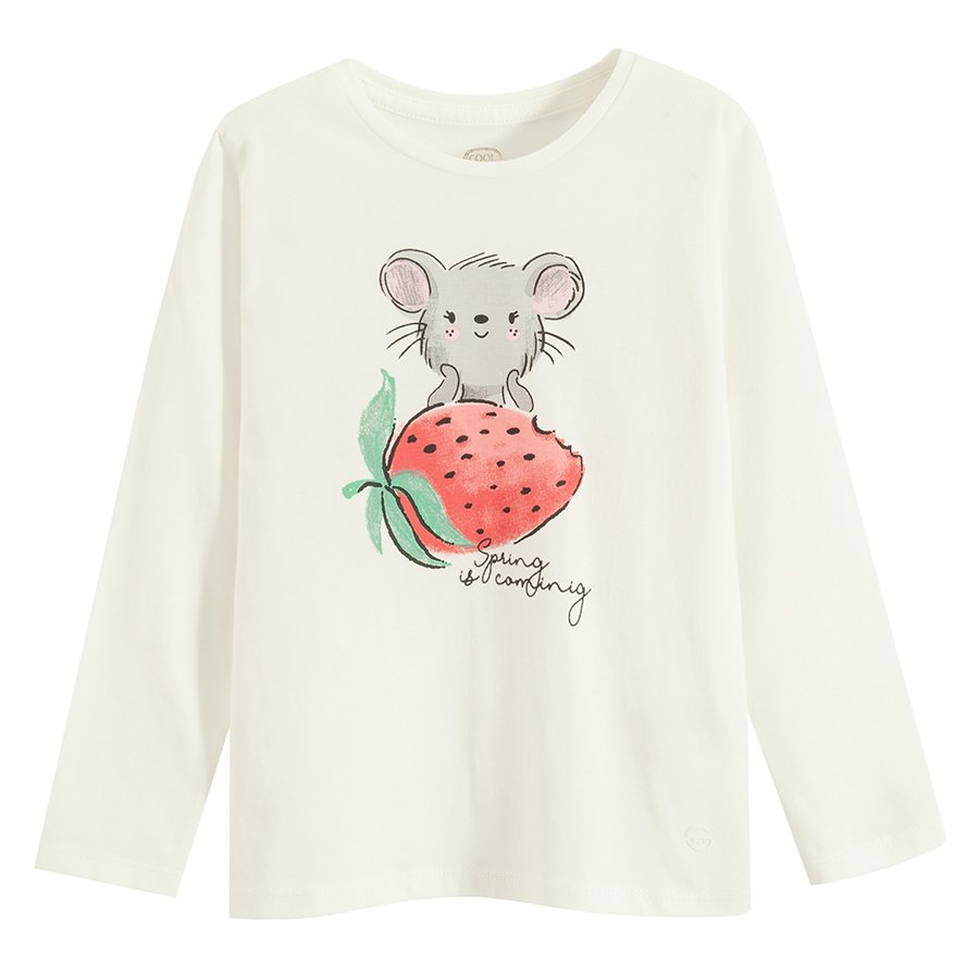 White long sleeve blouse with mouse and strawberry print