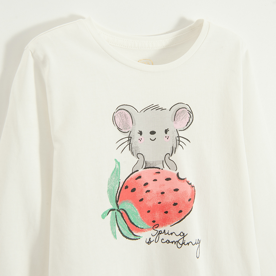 White long sleeve blouse with mouse and strawberry print