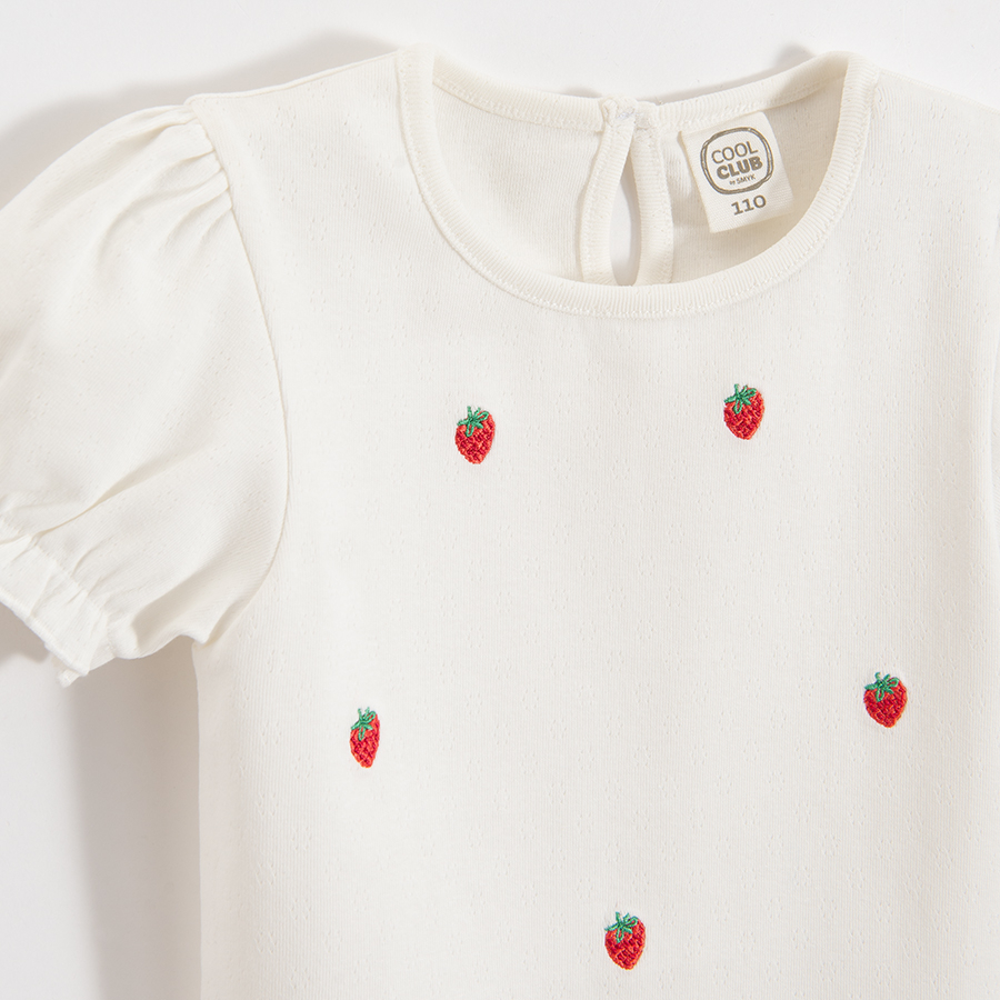 White short sleeve blouse with puffy sleeve and strawberry print