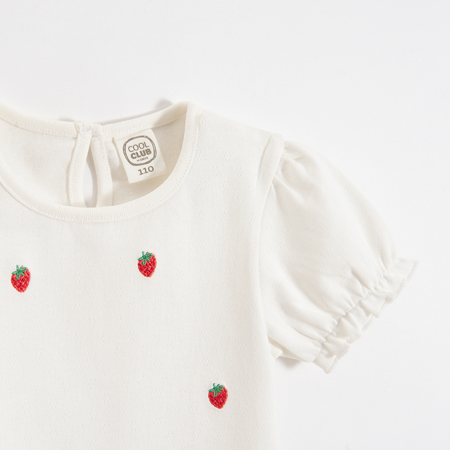 White short sleeve blouse with puffy sleeve and strawberry print