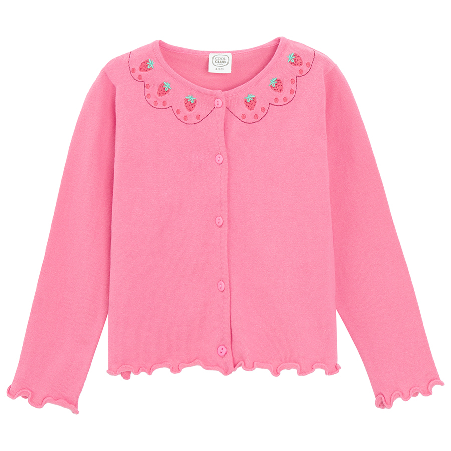 Pinkbutton down cardigan with strawberries embroidered around the collar