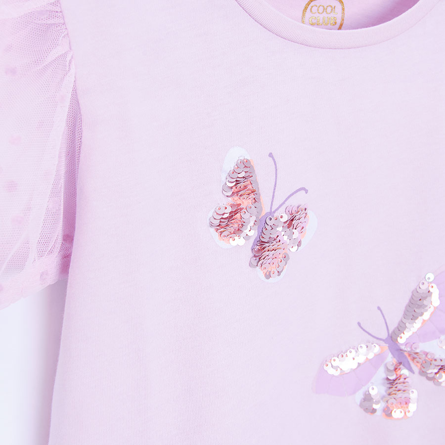 Pink short sleeve blouse with puffy sleeves and butterflies print