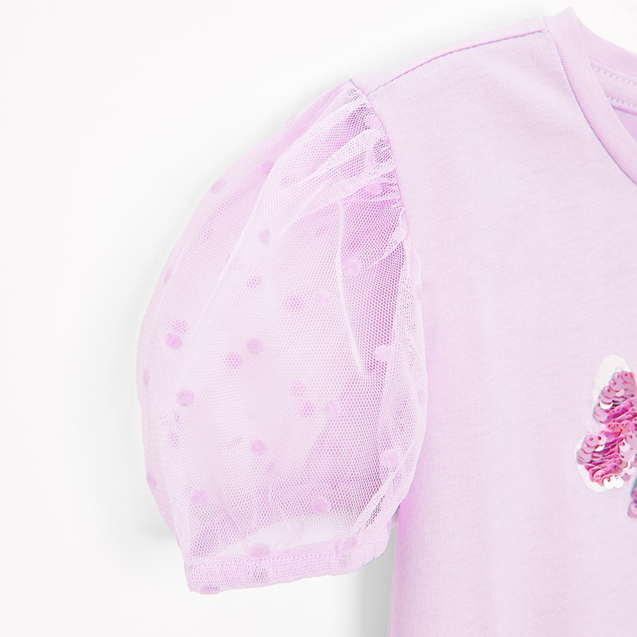 Pink short sleeve blouse with puffy sleeves and butterflies print