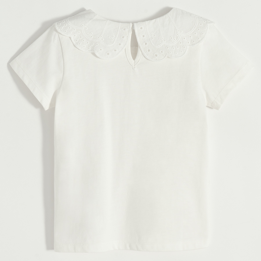 White short sleeve blouse with round embroidered collar