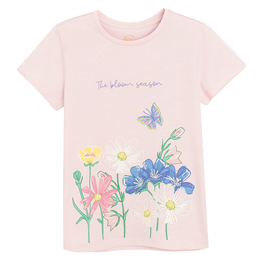 Μπλούζα κοντομάνικη 3 τμχ ροζ, μπλε και λευκή με στάμπα λουλούδια