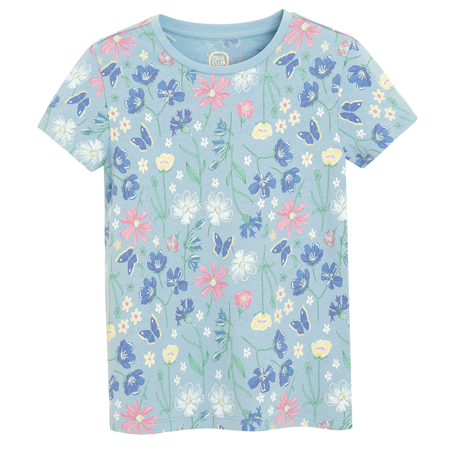 Pink and blue T-shirts with floral print, white T-shirt with girl and flowers print= 3 pack