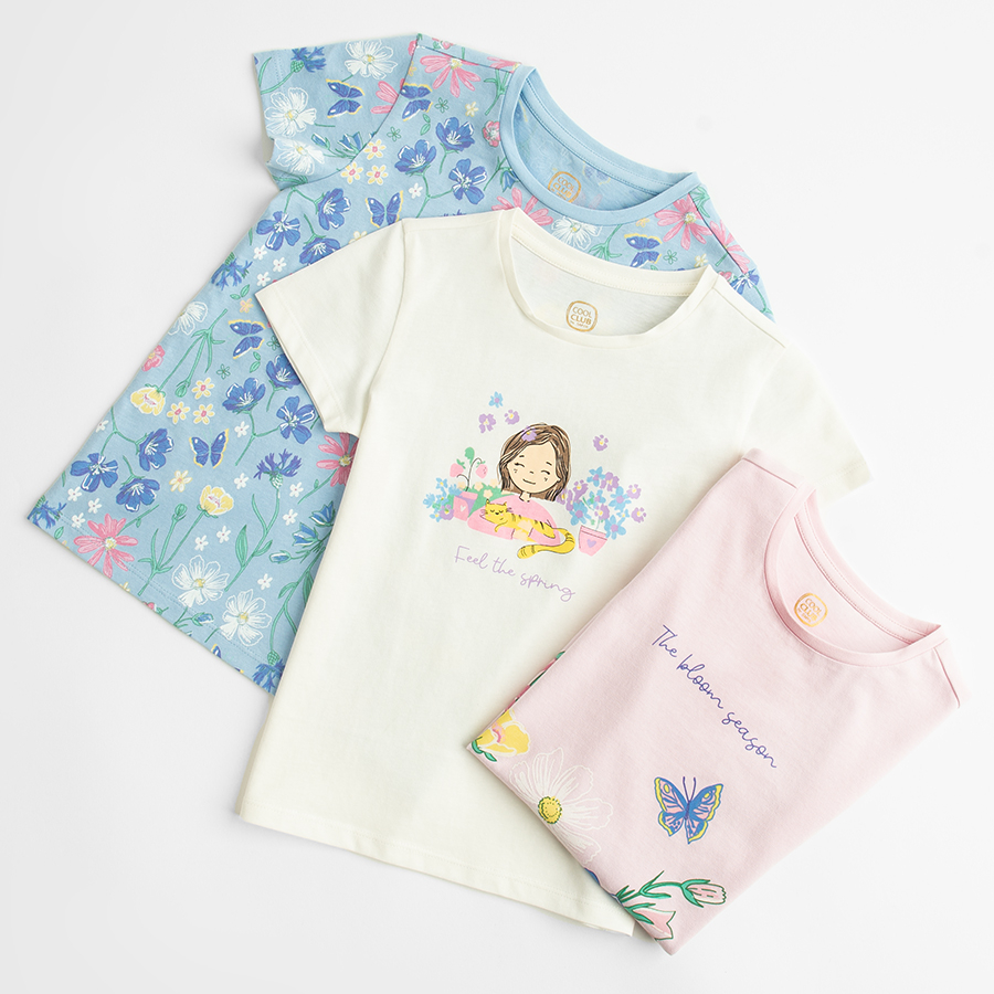 Pink and blue T-shirts with floral print, white T-shirt with girl and flowers print= 3 pack