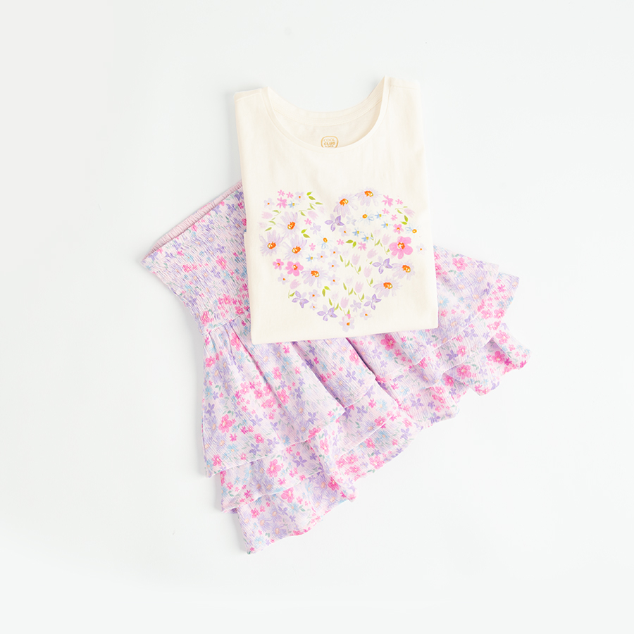 White T-shirt with purple floral heart print and floral skirt with ruffles- 2 pieces