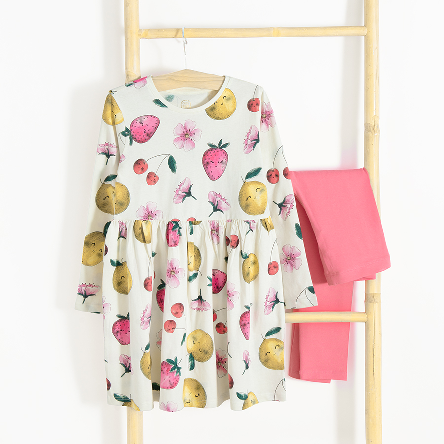 Ecru long sleeve dress with fruits print and pink leggings