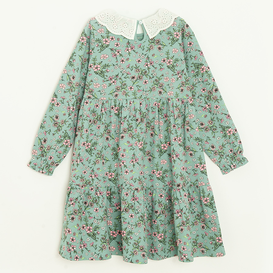 Φόρεμα μακρυμάνικο πράσινο με γιακά και στάμπα πολύχρωμα λουλουδάκια
