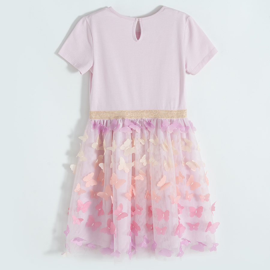 Light purple short sleeve dress with butterflies print on the top and tulle skirt