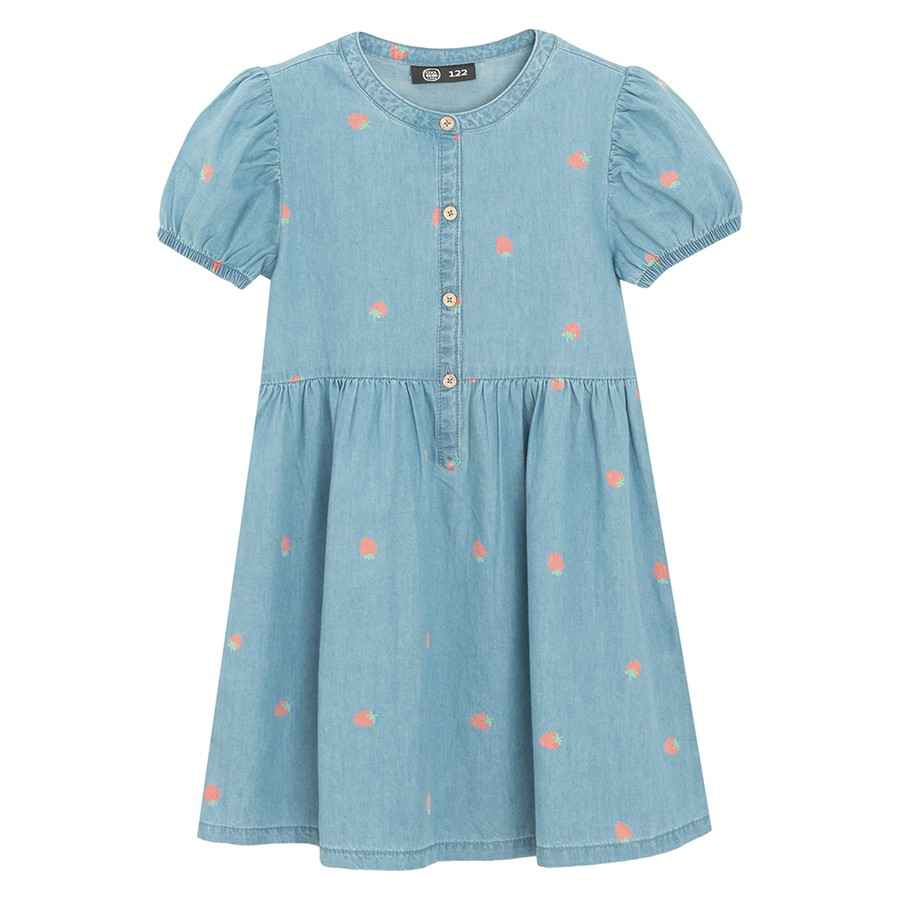Denim short sleeve dress with fluffly sleeves and hearts print
