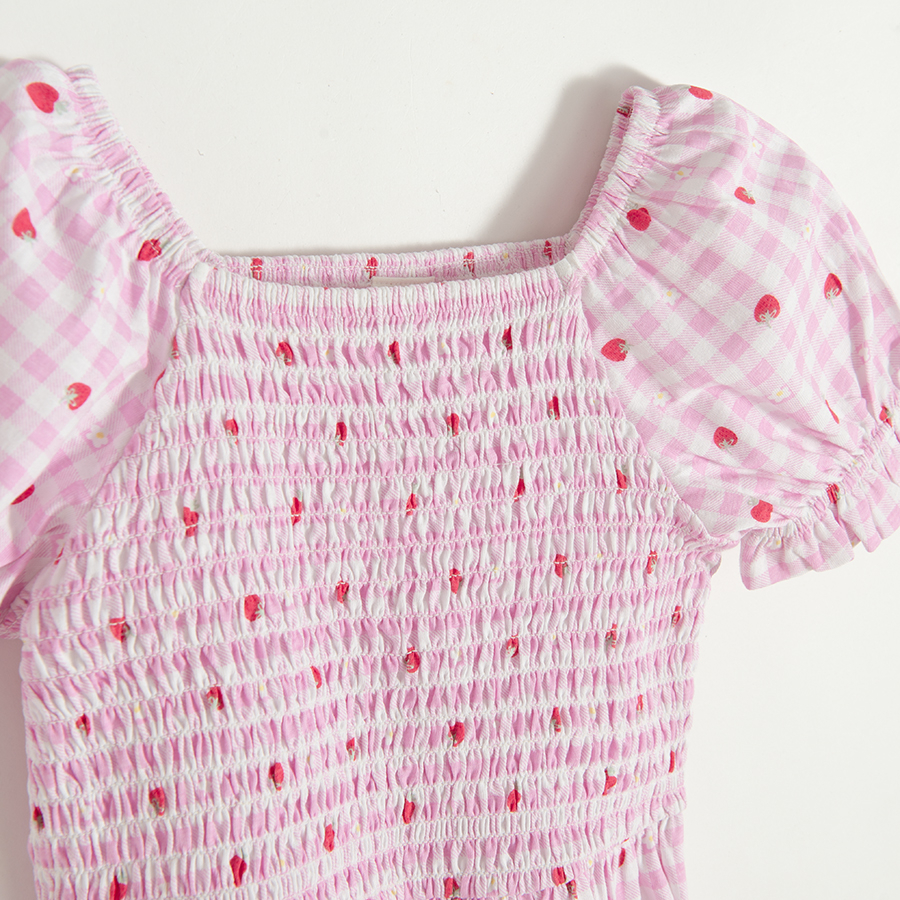 Pink checkered short sleeve dress with strawberries print