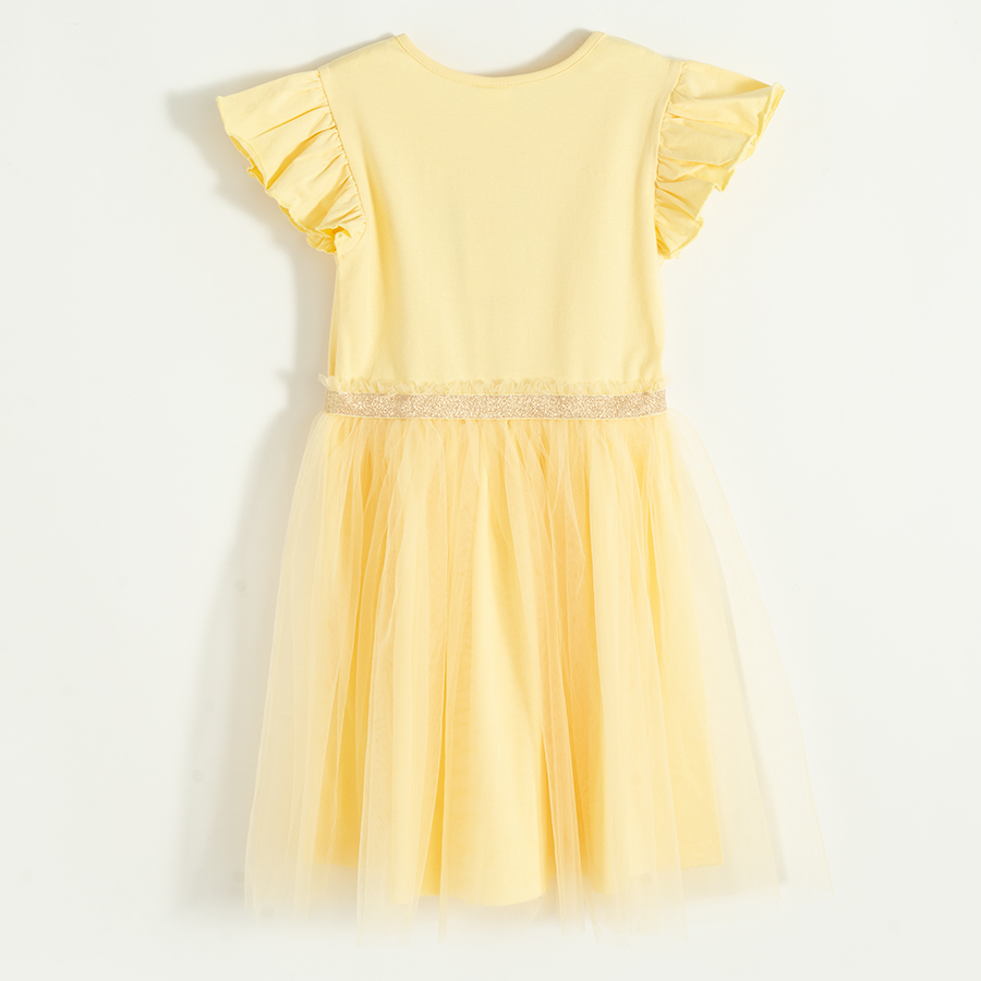 Φόρεμα κοντομάνικο κίτρινο με τούλινι φούστα χρύση ζώνη και στάμπα καρδούλα