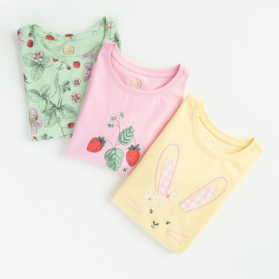 Yellow, mint and pink short sleeve blouses with flowers and fruit print- 3 pack