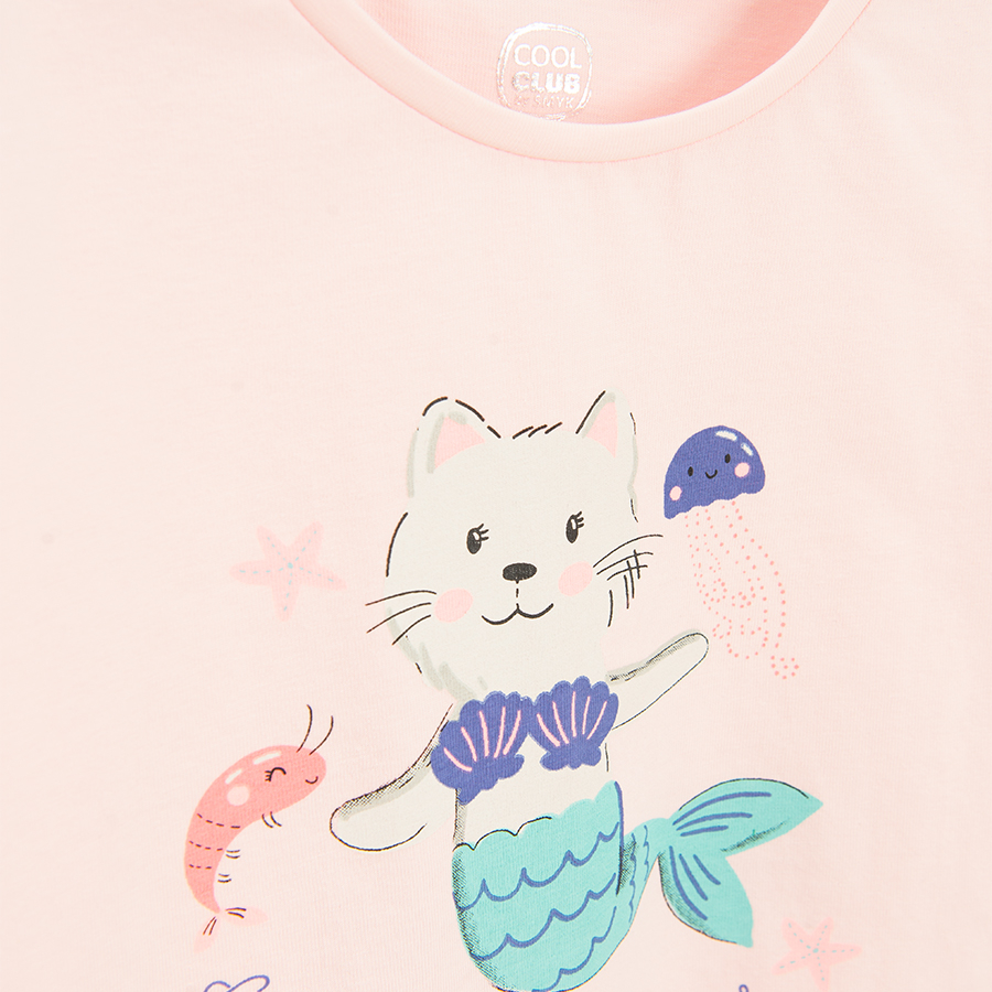 Pink T-shirt with cat mermaid print