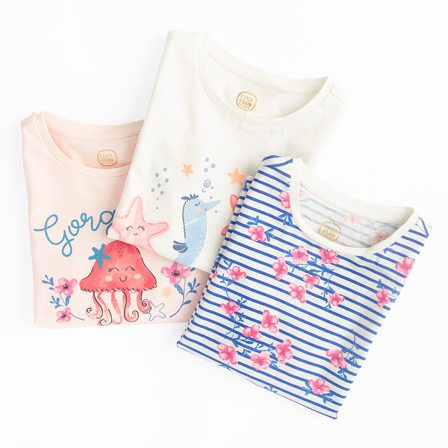 White and pink T-shirts with sea world prints and striped floral- 3 pack