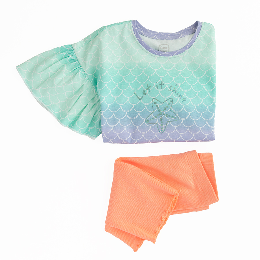Turquoise shades short sleeve blouse and pink shorts set- 2 pieces