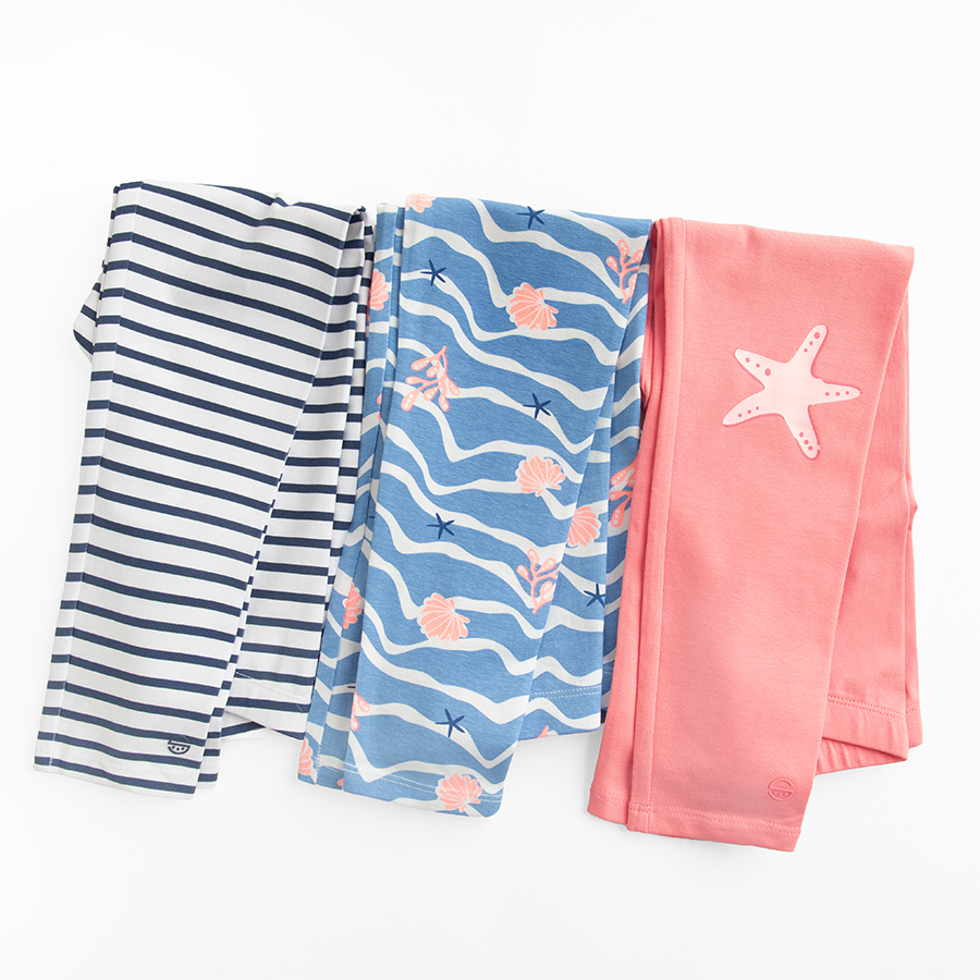 Peach, blue waves wit seaworld print and striped leggings -3 pack