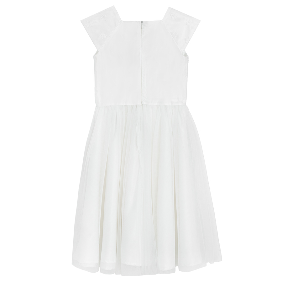Φόρεμα κοντομάνικο λευκό με τούλι και κεντημένα σχέδια