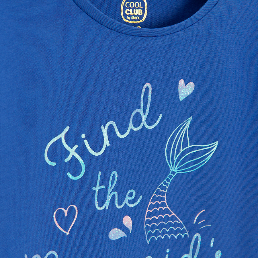 Blue T-shirt with Find the mermaid magic print