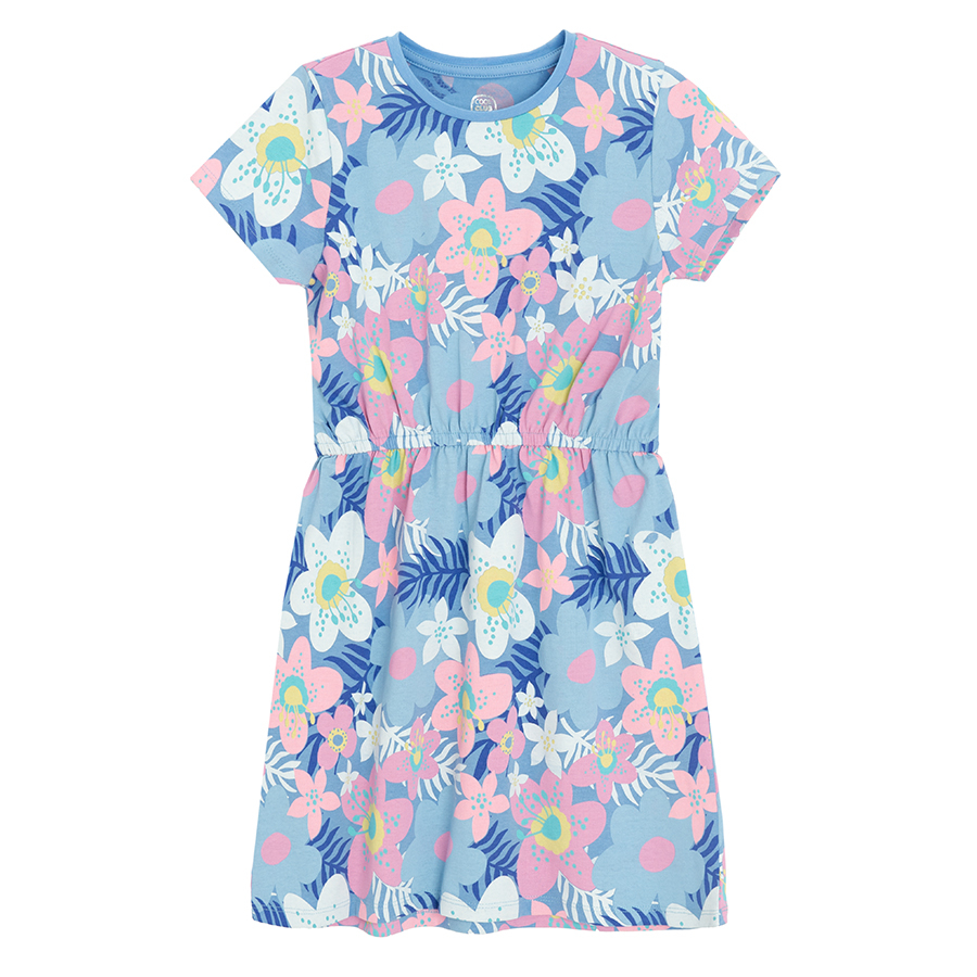 Pink and blue short sleeve dresses with flowers print- 2 pack