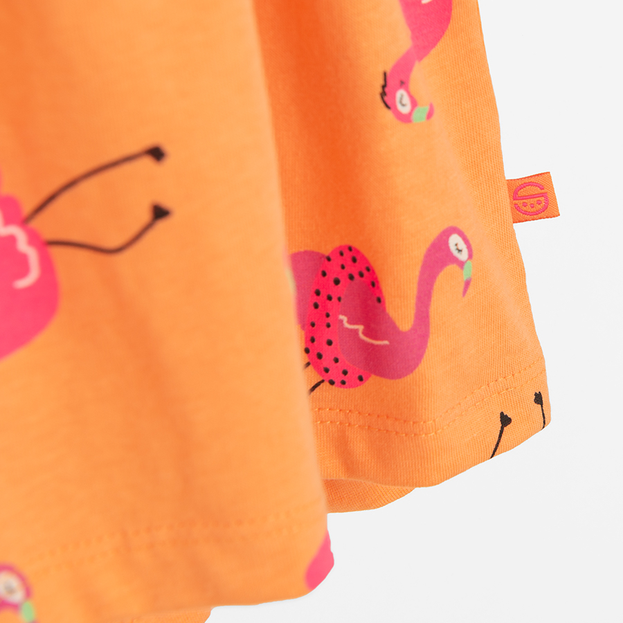 Sleeveless orange dress with flamingo print