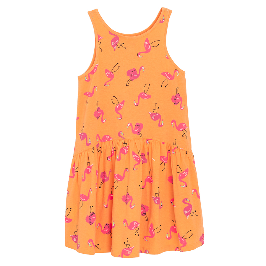 Sleeveless orange dress with flamingo print