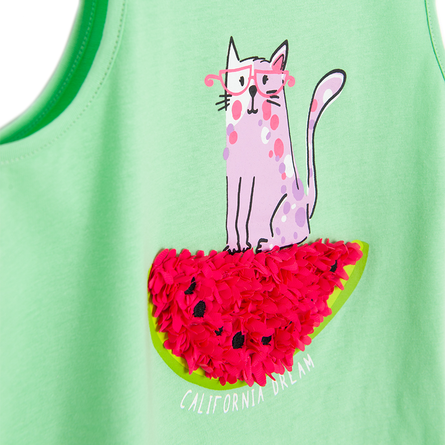 Turquoise sleeveless T-shirt with watermelon and cat print and fringes
