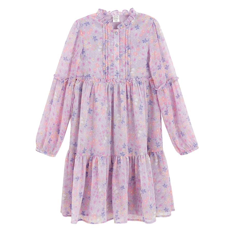 Pink long sleeve party dress with flowers print
