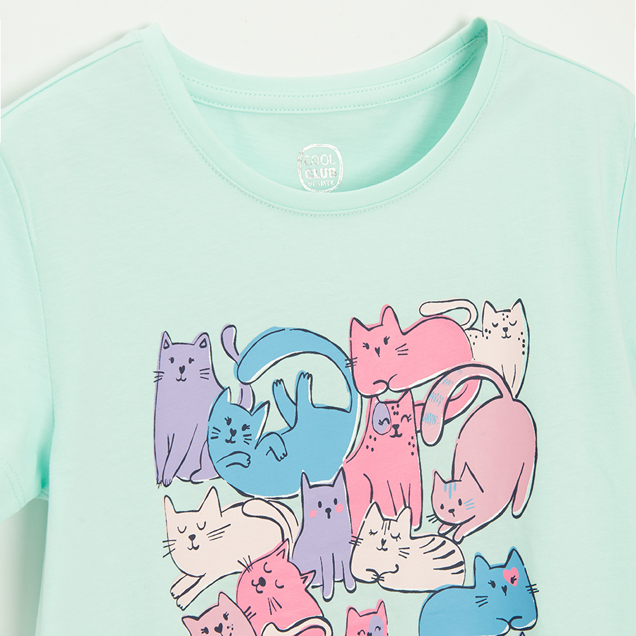 Μπλούζα κοντομάνικη γαλάζια με στάμπα γάτες