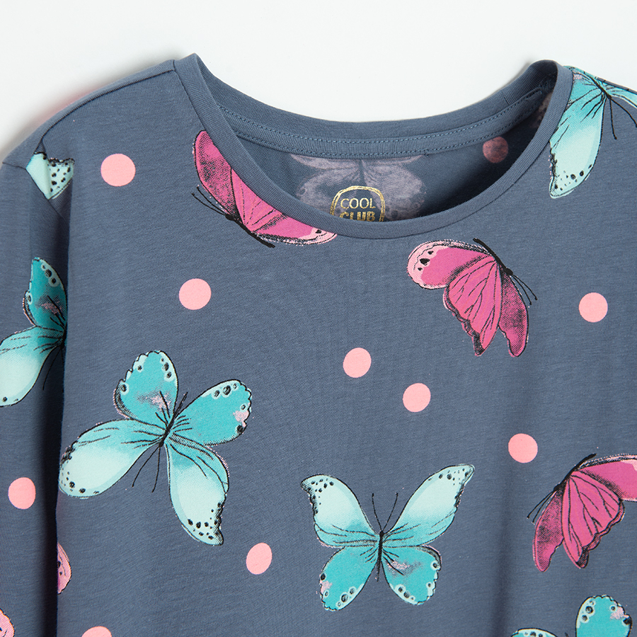 Grey blue long sleeve blouse with butterflies print