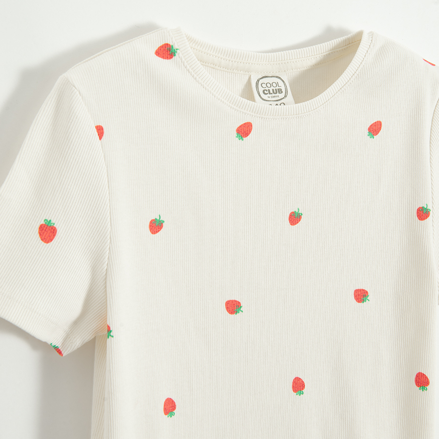 Ecru short sleeve T-shirt with strawberries print