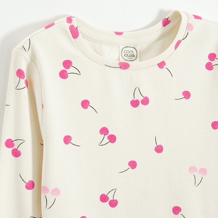 Ecru long sleeve blouse with cherries print